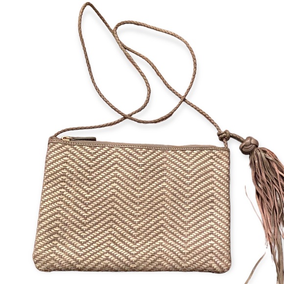 Allan K Leather Woven Metallic Bag WIth Tassel - Picture 2 of 11